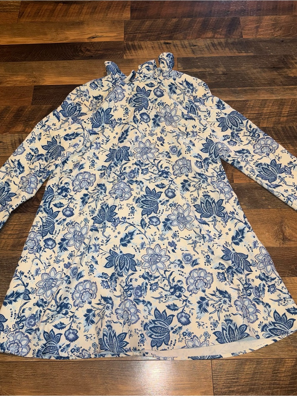 Tuckernuck White Ruffle Neck Dress with Blue Floral Print
